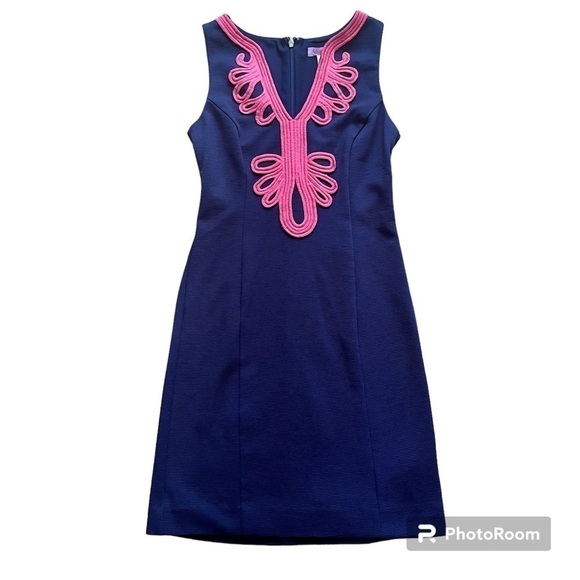 LILLY PULITZER Janice Navy Coral Knit Shift Embroidered Mini Dress Size XS - Picture 2 of 7